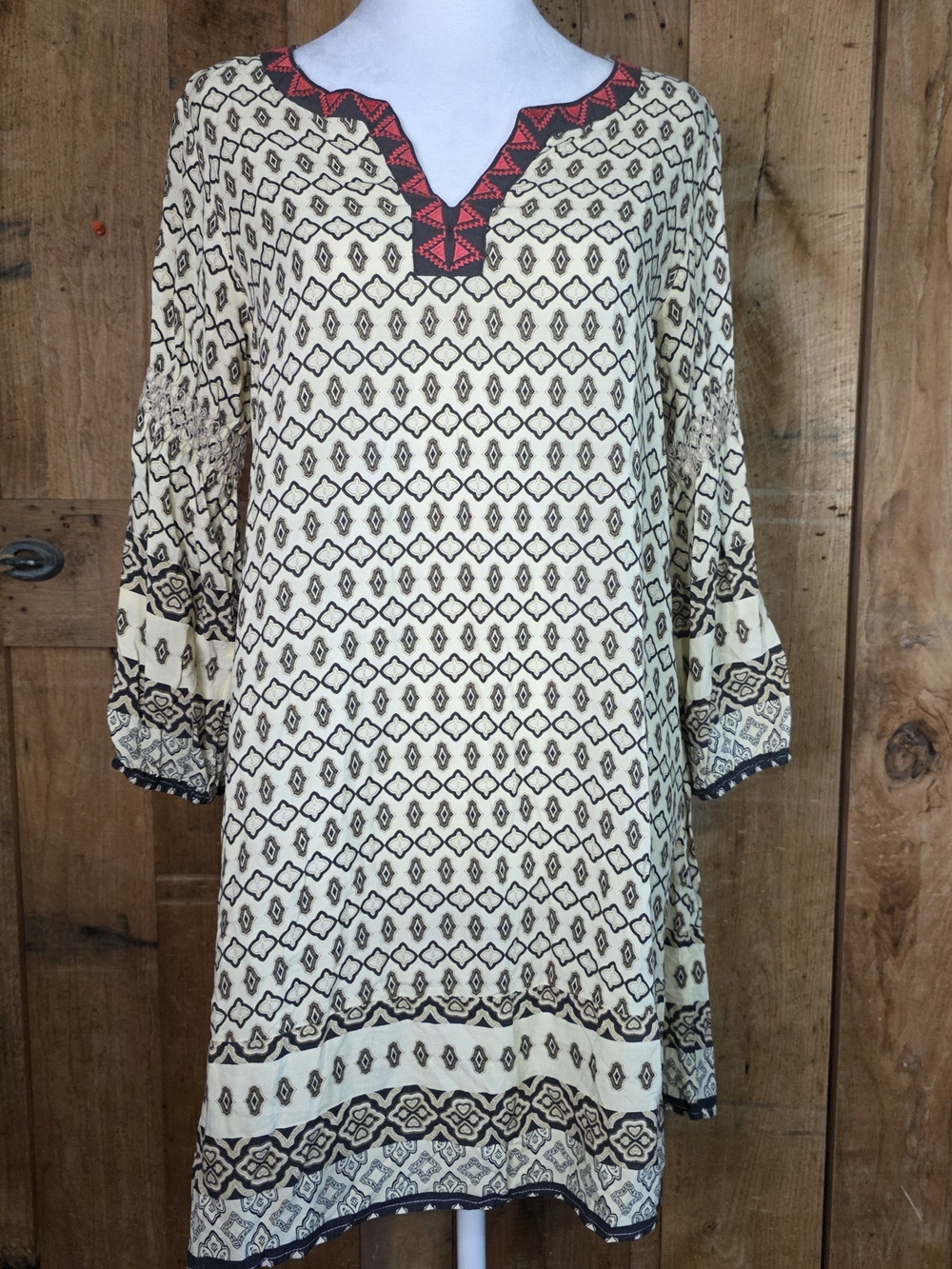 Umgee Size S Boho Geometric Print Tunic Dress Embroidered Bell Sleeve